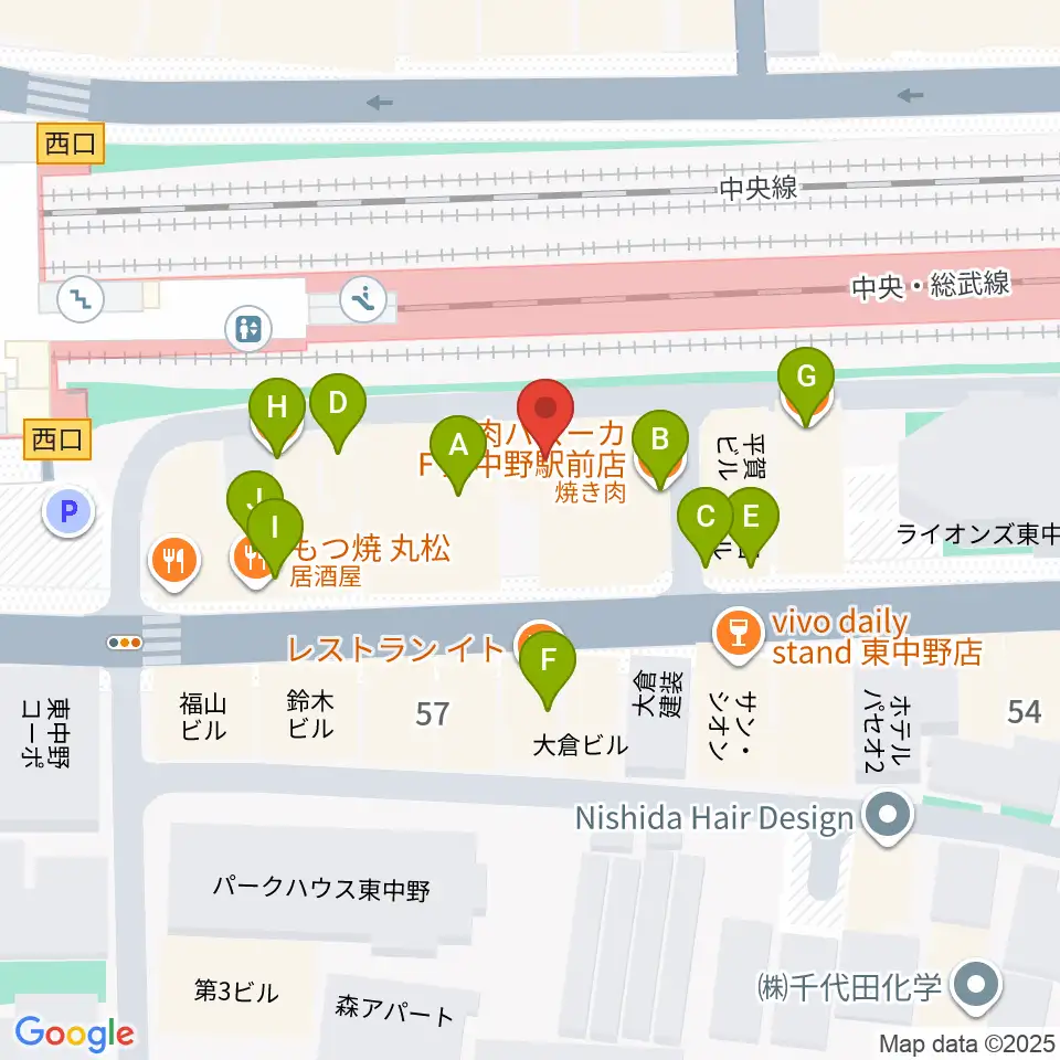 東中野music shed YES!周辺のファミレス・ファーストフード一覧地図