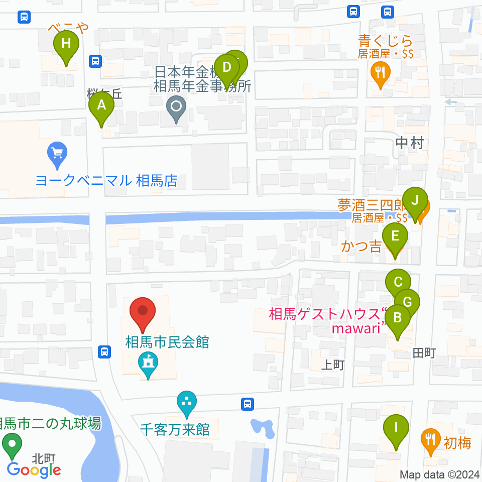 相馬市民会館周辺のファミレス・ファーストフード一覧地図