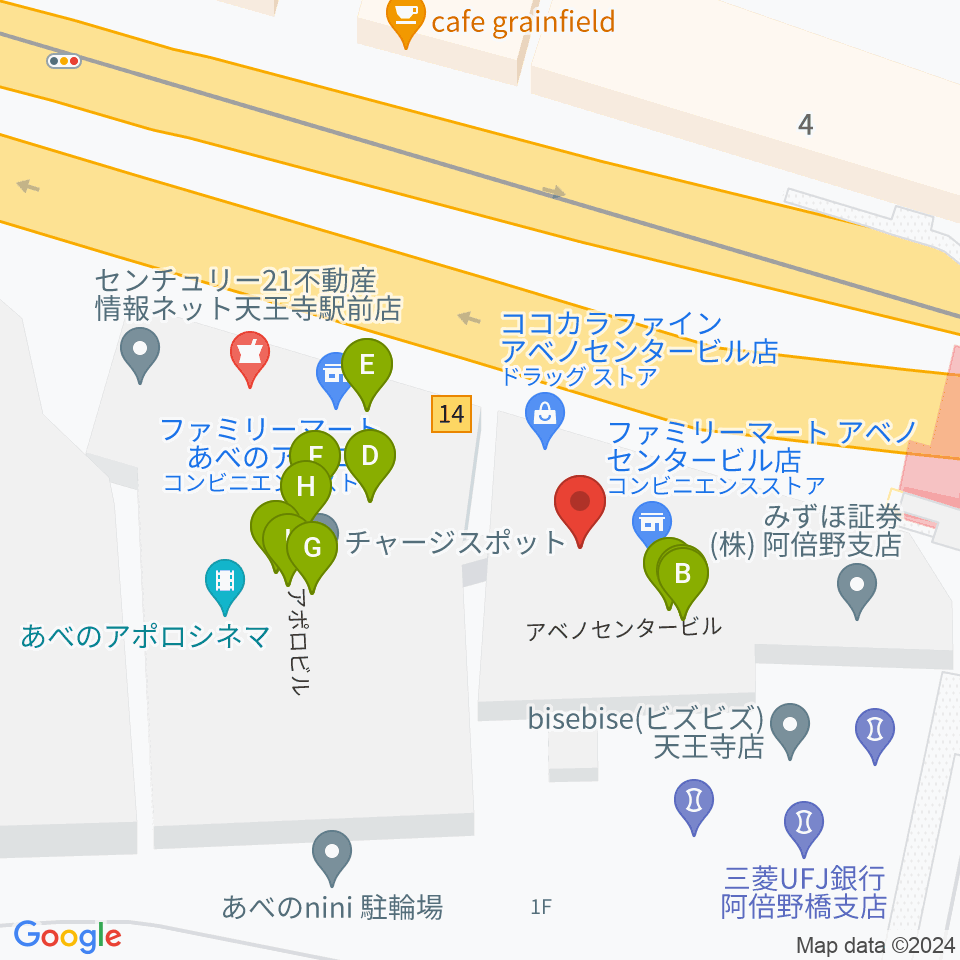 ワタナベ楽器店 アベノミュージックセンター周辺のファミレス・ファーストフード一覧地図