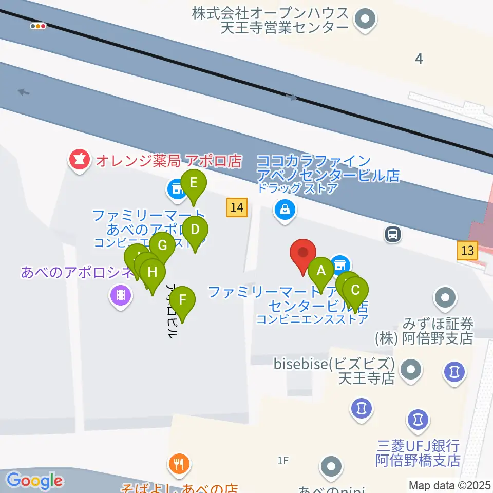 ワタナベ楽器店 アベノミュージックセンター周辺のファミレス・ファーストフード一覧地図