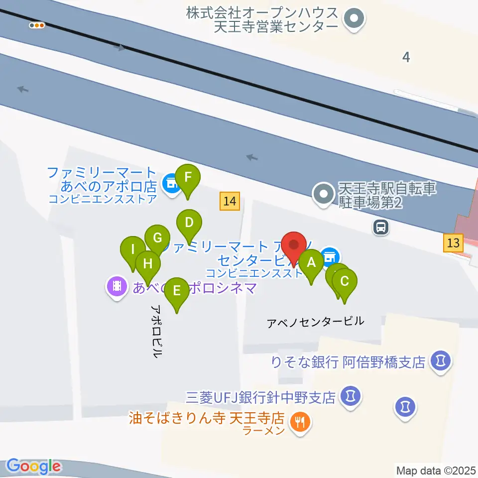 ワタナベ楽器店 アベノミュージックセンター周辺のファミレス・ファーストフード一覧地図