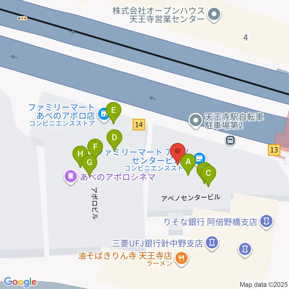 ワタナベ楽器店 アベノミュージックセンター周辺のファミレス・ファーストフード一覧地図
