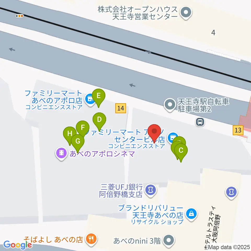 ワタナベ楽器店 アベノミュージックセンター周辺のファミレス・ファーストフード一覧地図