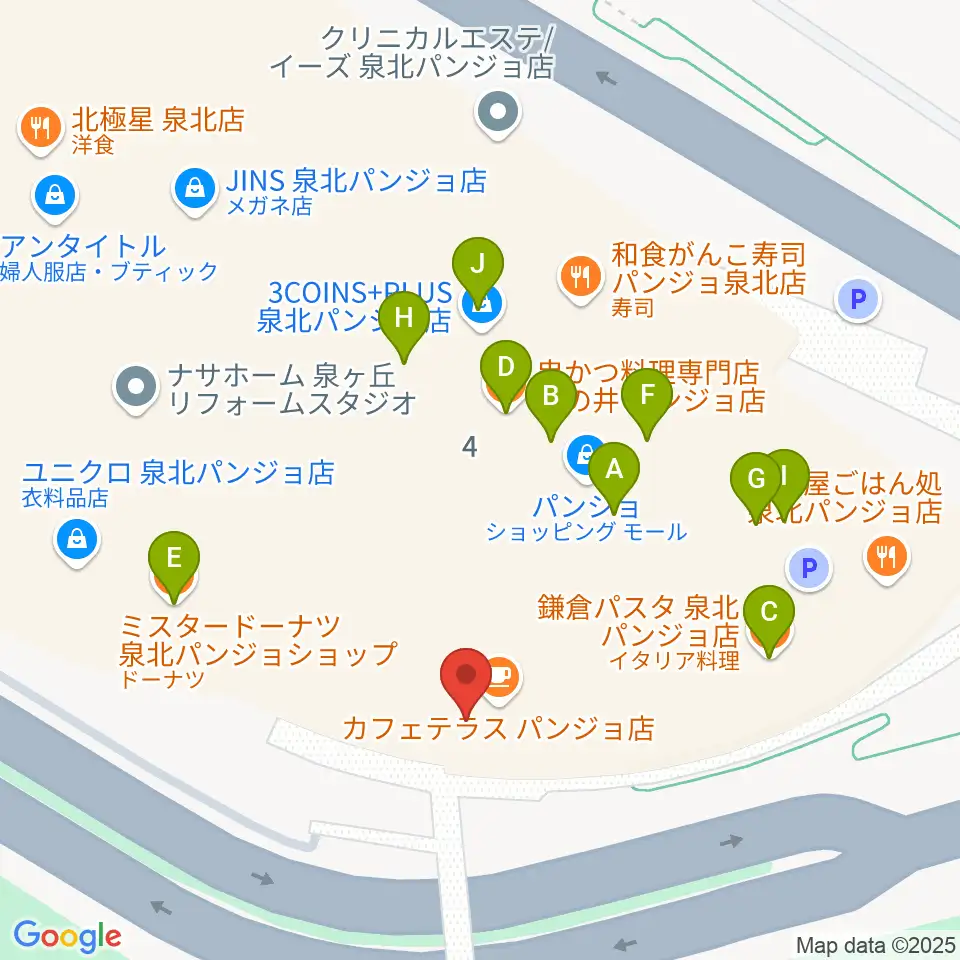 ワタナベ楽器店パンジョミュージックセンター周辺のファミレス・ファーストフード一覧地図