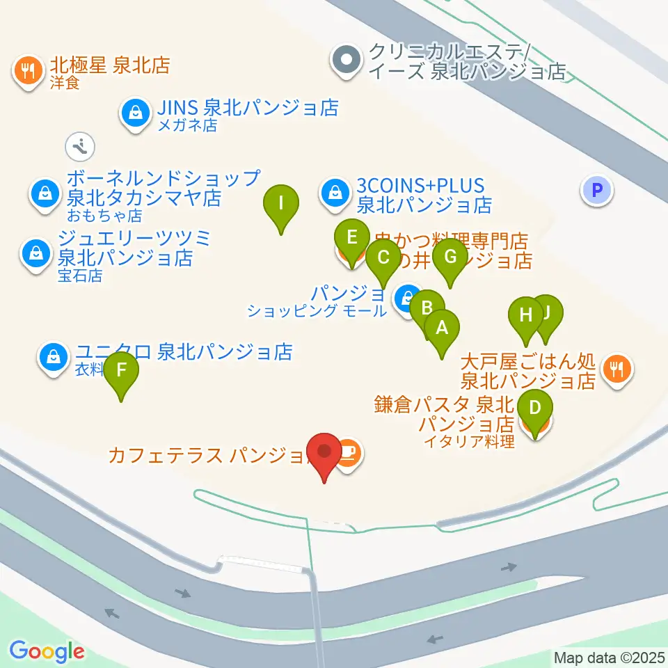 ワタナベ楽器店パンジョミュージックセンター周辺のファミレス・ファーストフード一覧地図