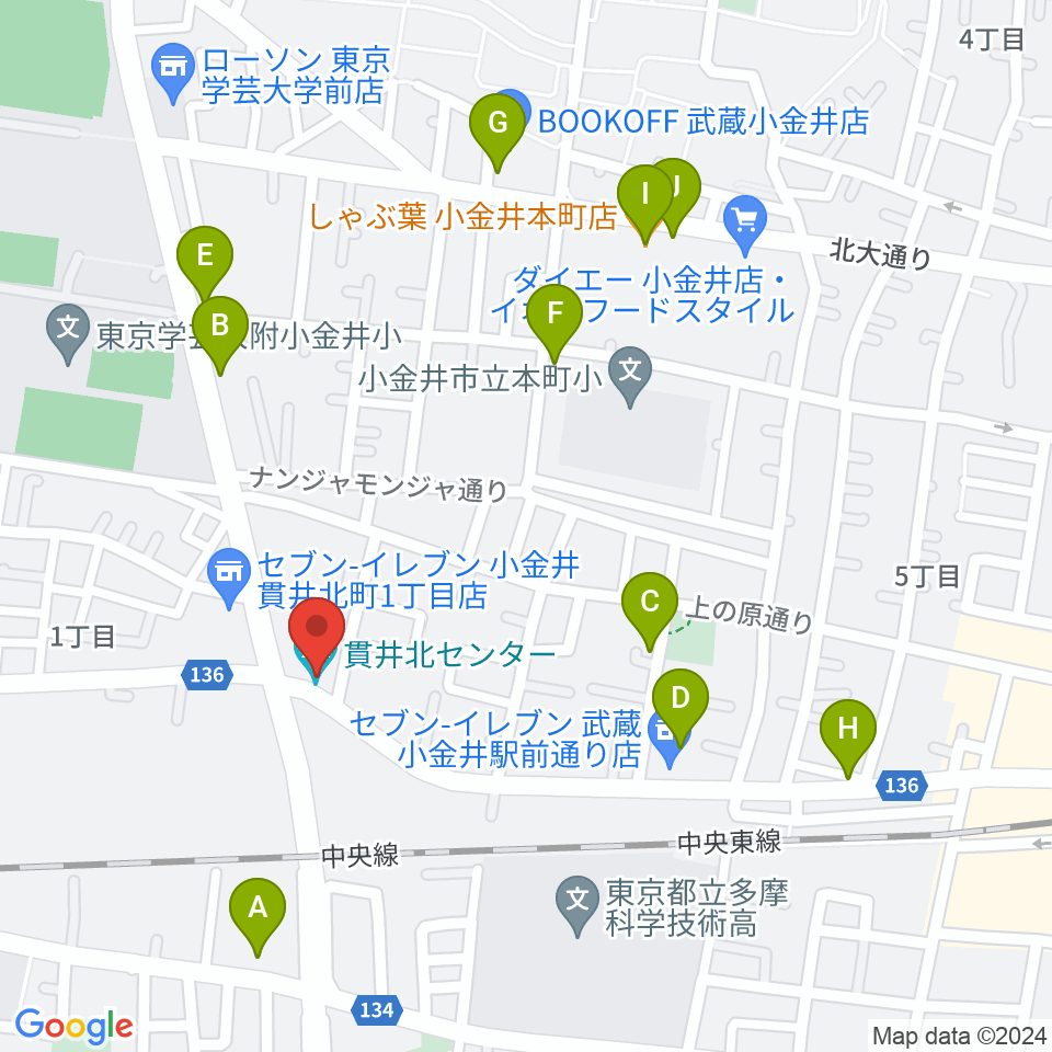 きたまちセンター周辺のファミレス・ファーストフード一覧地図