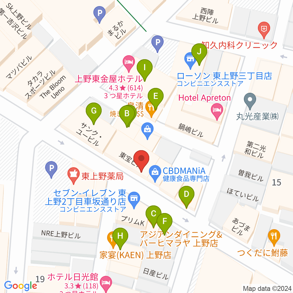 上野音横丁周辺のファミレス・ファーストフード一覧地図