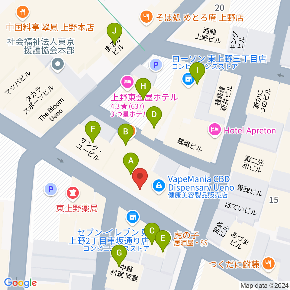 上野音横丁周辺のファミレス・ファーストフード一覧地図