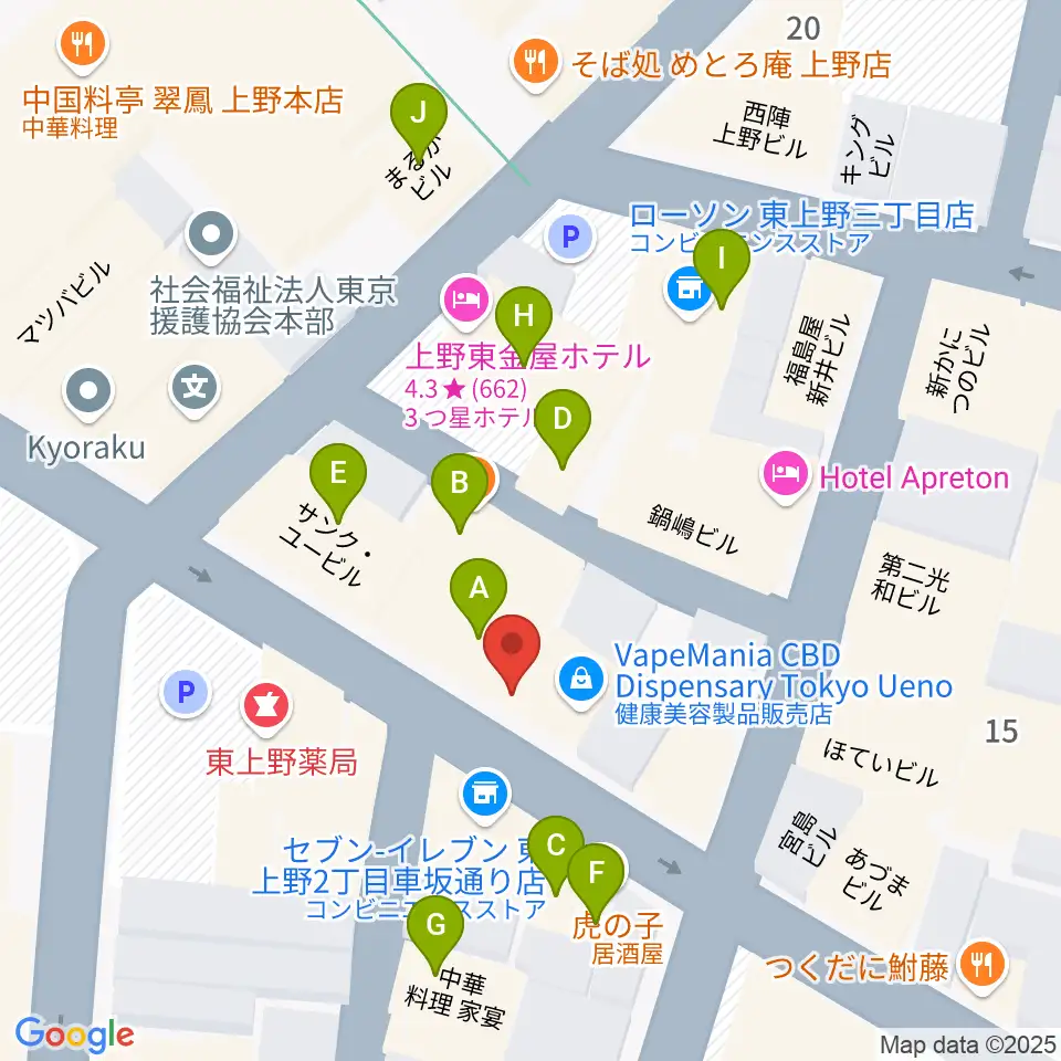 上野音横丁周辺のファミレス・ファーストフード一覧地図