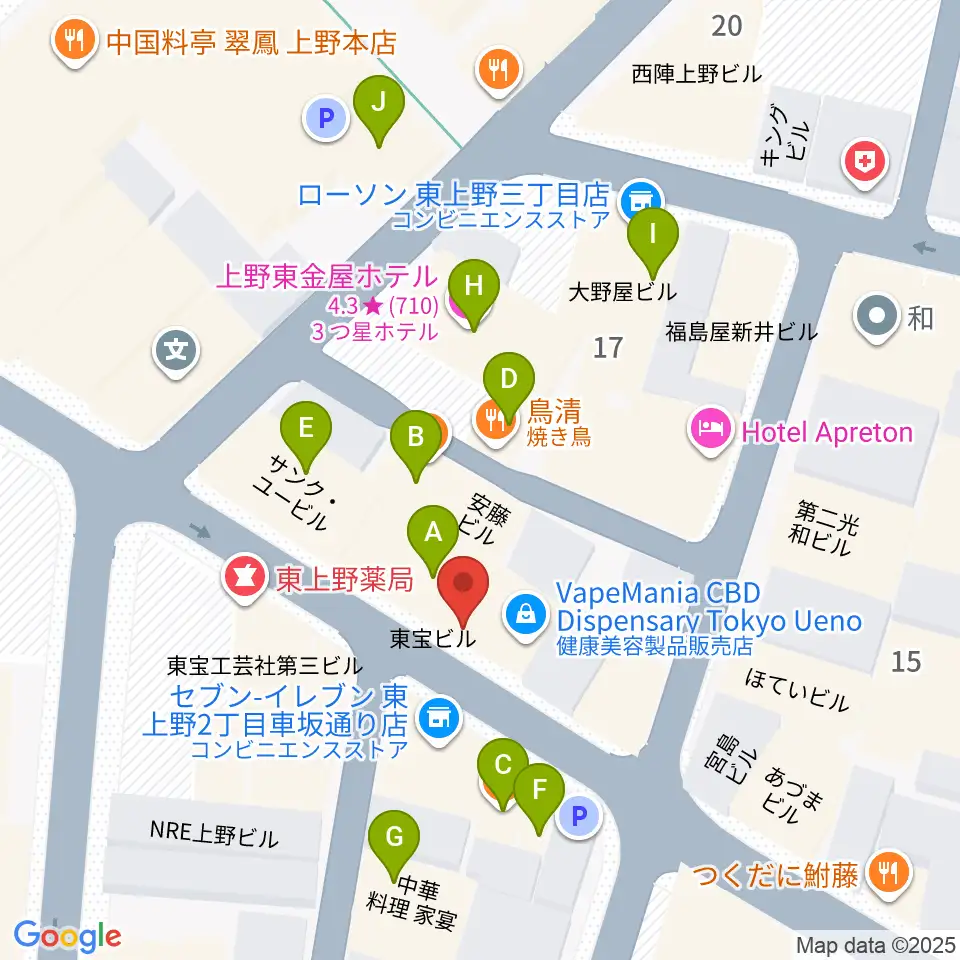 上野音横丁周辺のファミレス・ファーストフード一覧地図