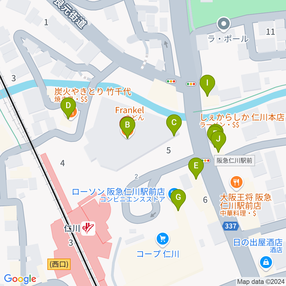 さらら仁川 宝塚市公益施設周辺のファミレス・ファーストフード一覧地図