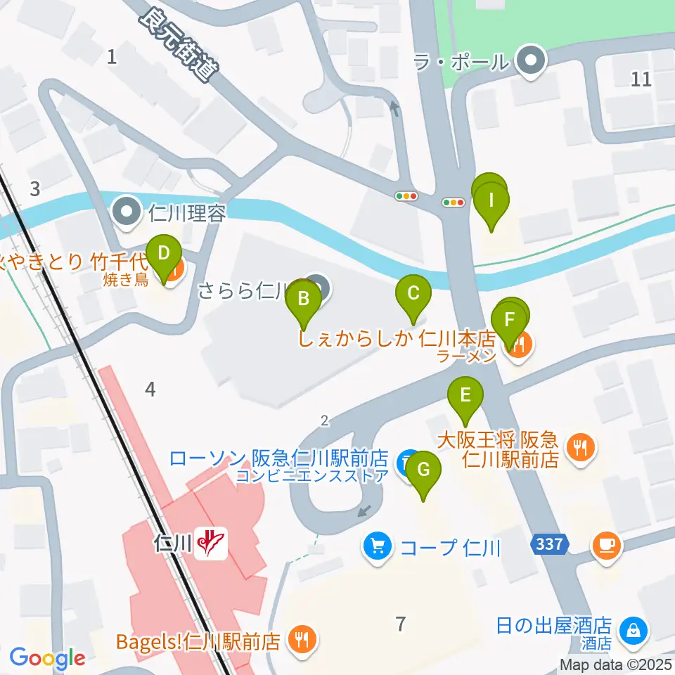 さらら仁川 宝塚市公益施設周辺のファミレス・ファーストフード一覧地図