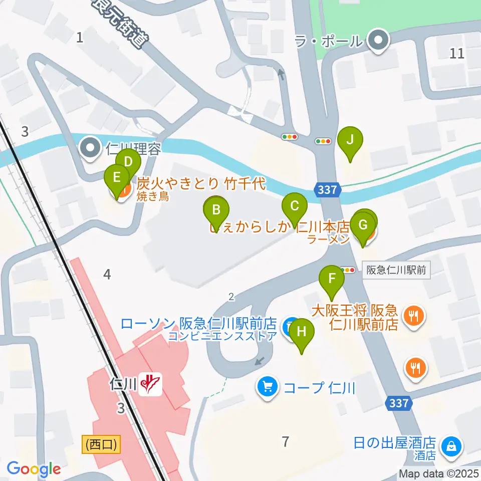 さらら仁川 宝塚市公益施設周辺のファミレス・ファーストフード一覧地図