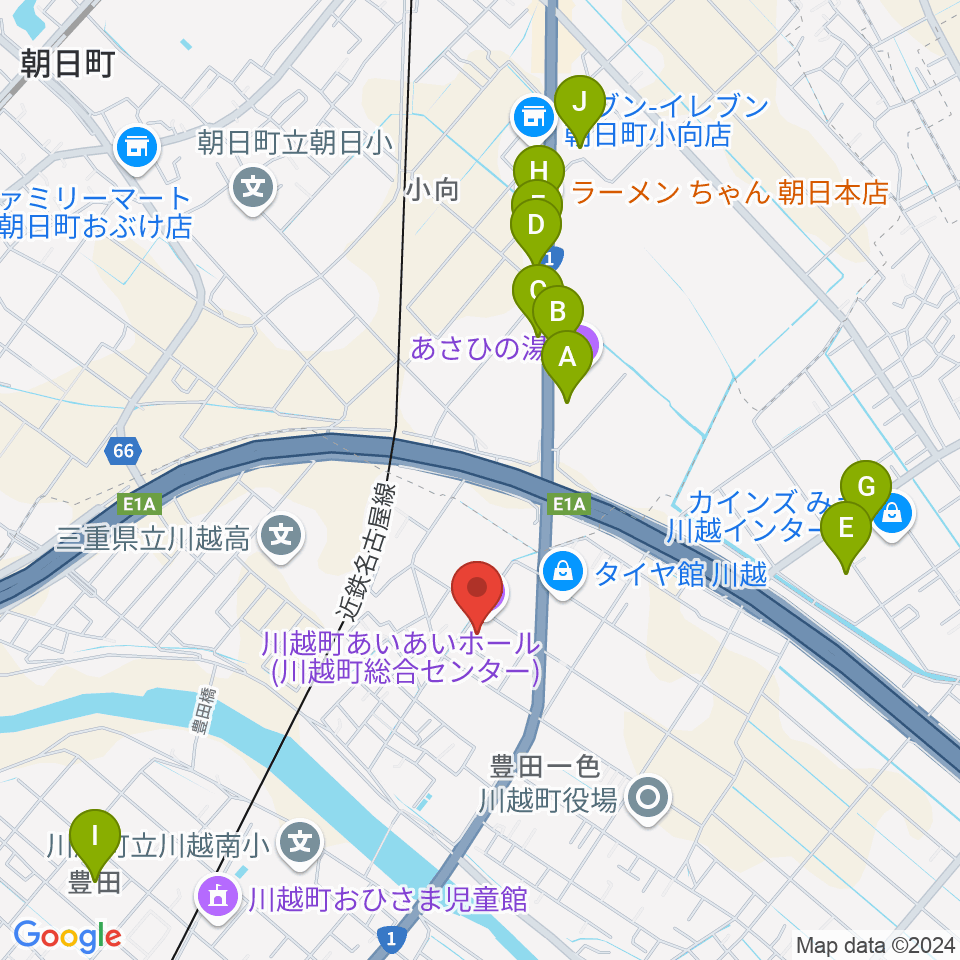 川越町あいあいホール周辺のファミレス・ファーストフード一覧地図