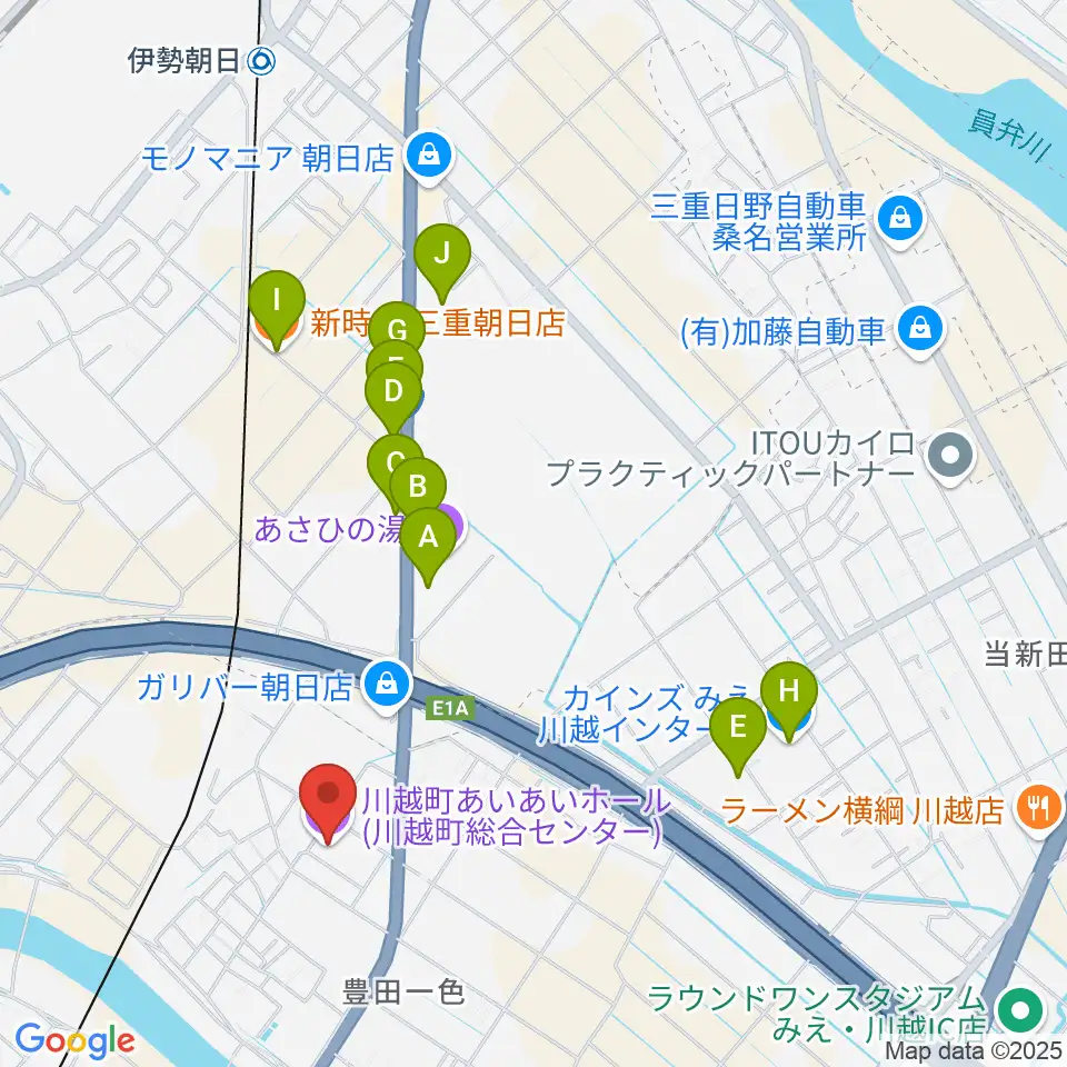 川越町あいあいホール周辺のファミレス・ファーストフード一覧地図