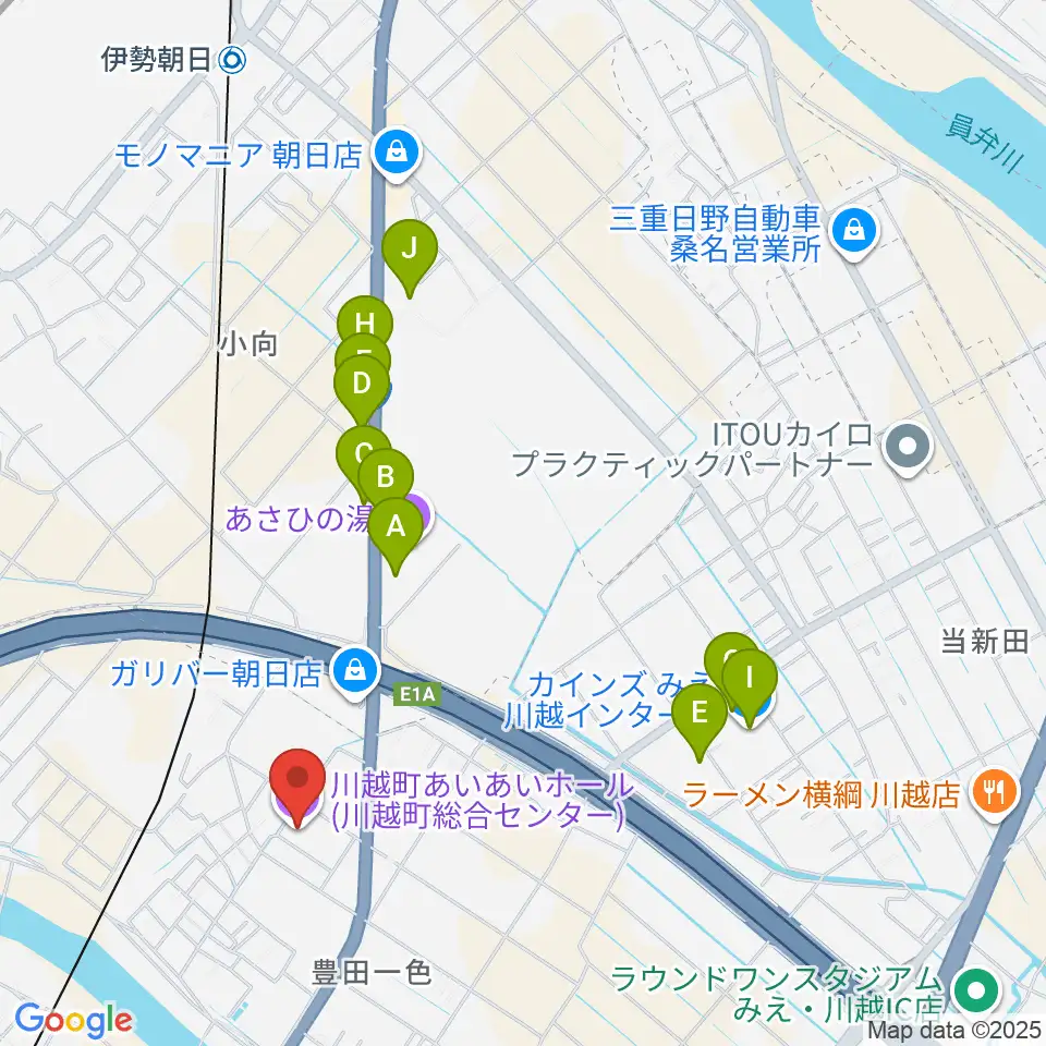 川越町あいあいホール周辺のファミレス・ファーストフード一覧地図