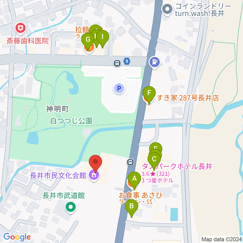 長井市民文化会館周辺のファミレス・ファーストフード一覧地図