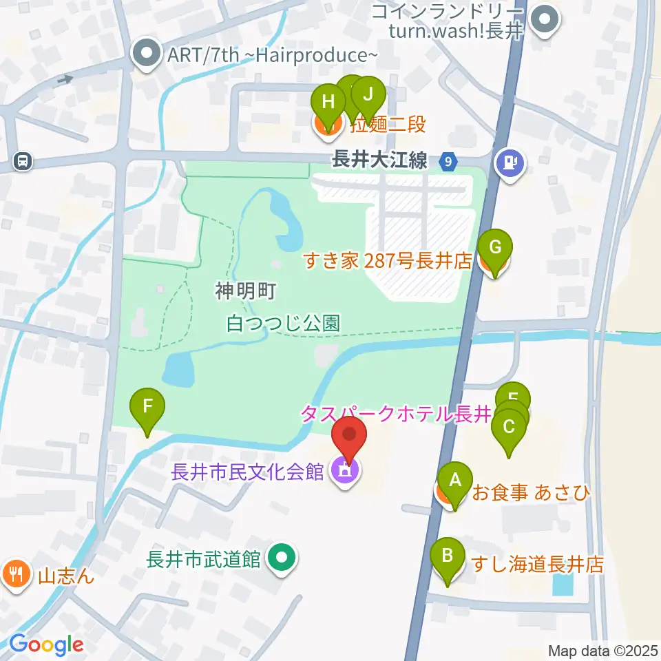 長井市民文化会館周辺のファミレス・ファーストフード一覧地図