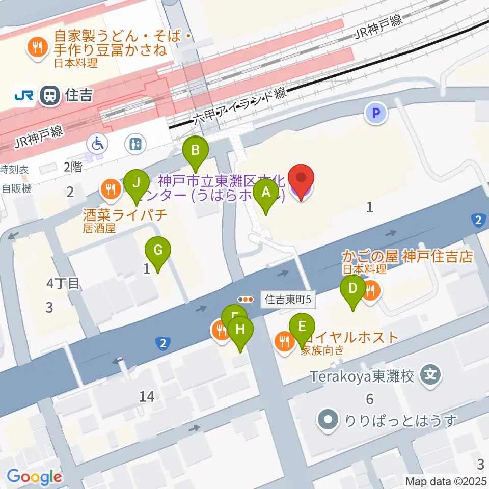 神戸市立東灘区文化センター周辺のファミレス・ファーストフード一覧地図
