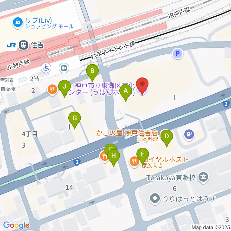 神戸市立東灘区文化センター周辺のファミレス・ファーストフード一覧地図