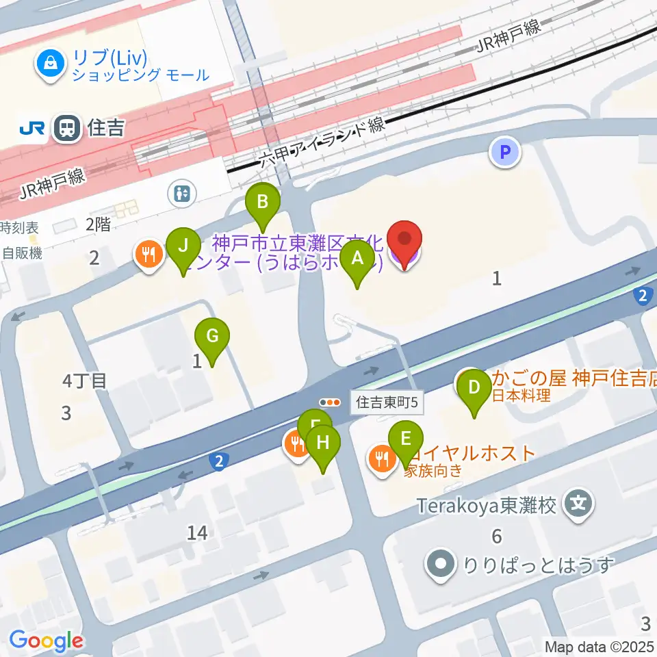 神戸市立東灘区文化センター周辺のファミレス・ファーストフード一覧地図