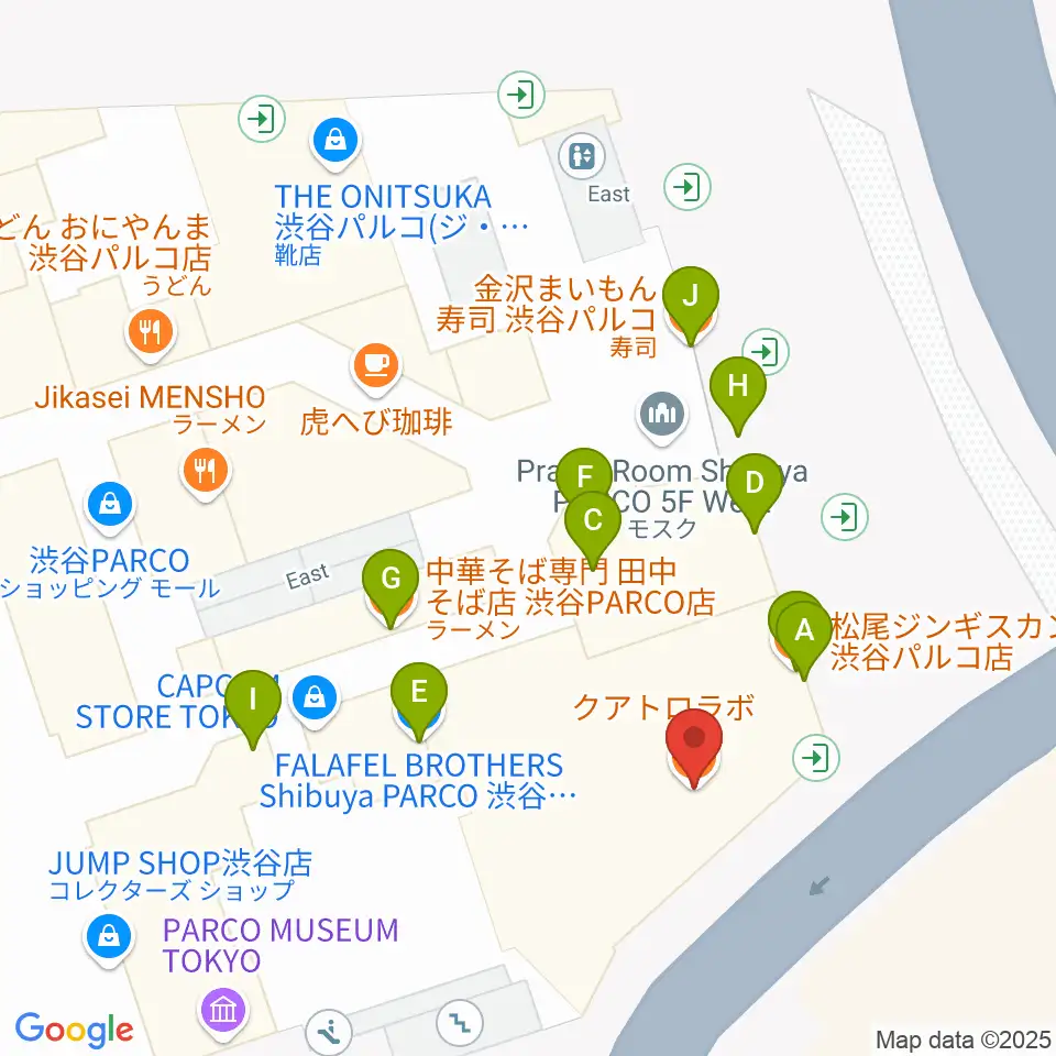 渋谷クアトロラボ周辺のファミレス・ファーストフード一覧地図