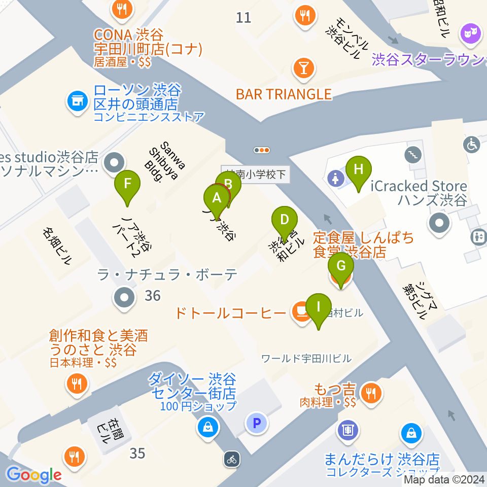 HMV record shop 渋谷周辺のファミレス・ファーストフード一覧地図