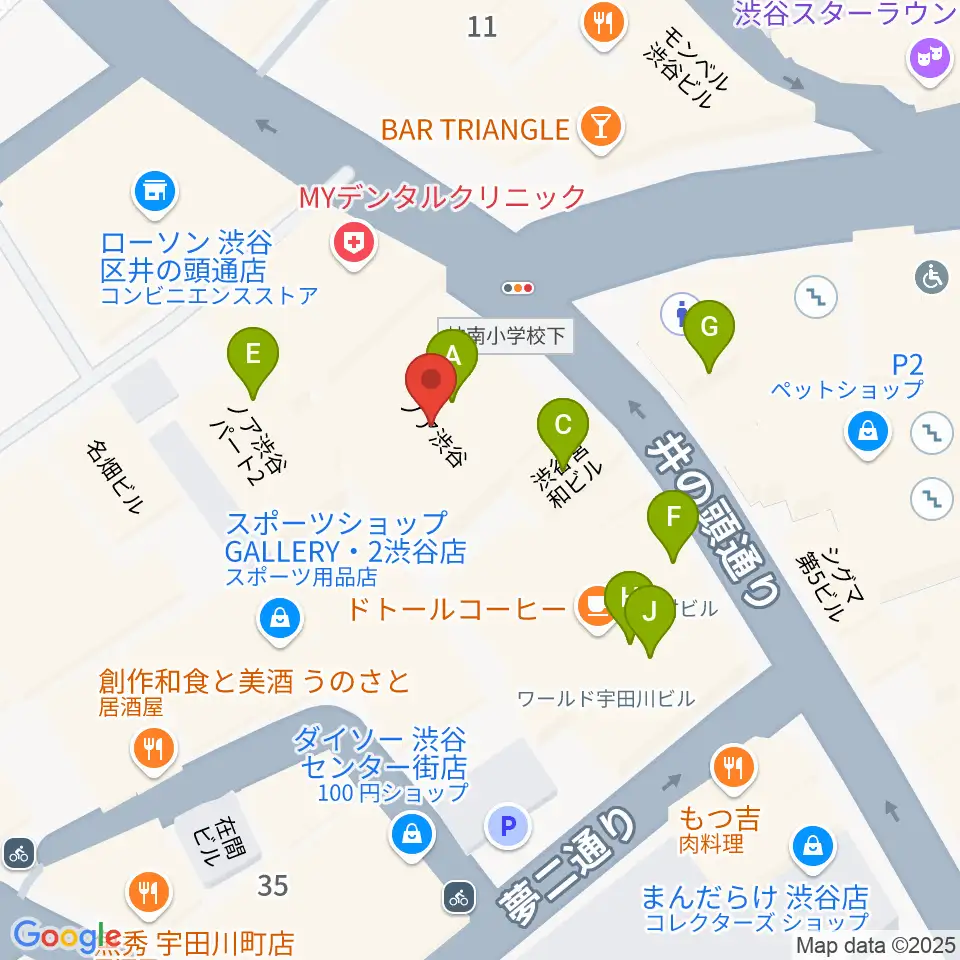 HMV record shop 渋谷周辺のファミレス・ファーストフード一覧地図