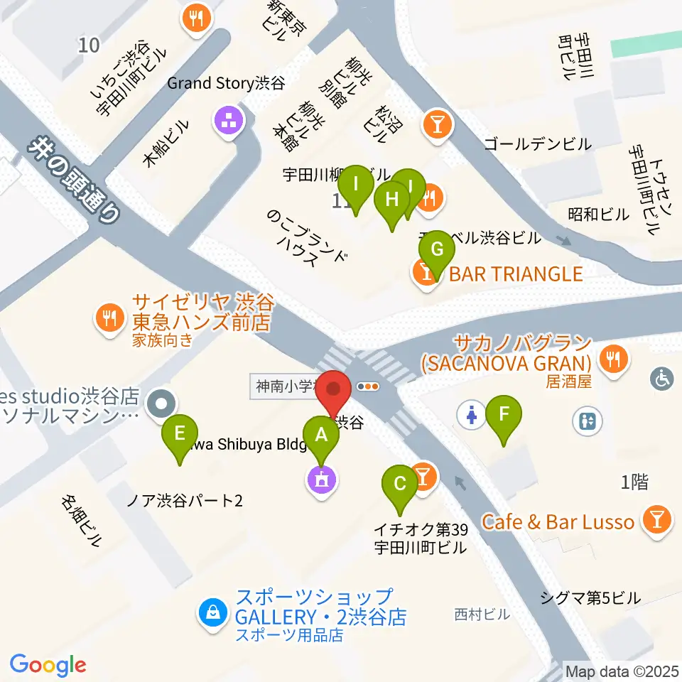 HMV record shop 渋谷周辺のファミレス・ファーストフード一覧地図