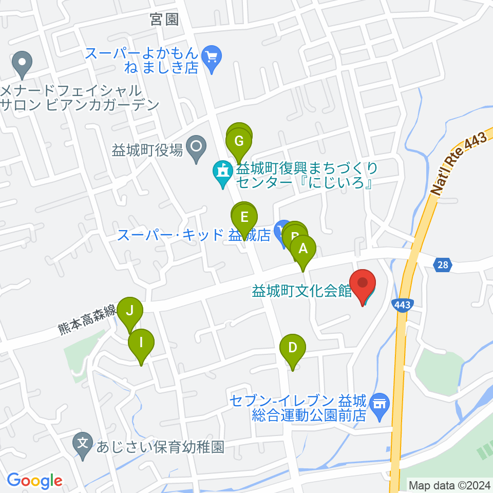 益城町文化会館周辺のファミレス・ファーストフード一覧地図