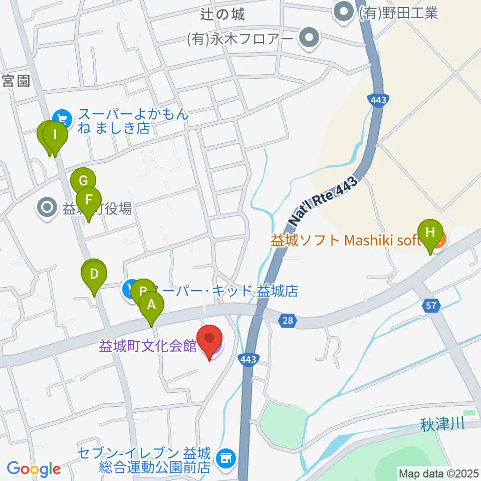 益城町文化会館周辺のファミレス・ファーストフード一覧地図