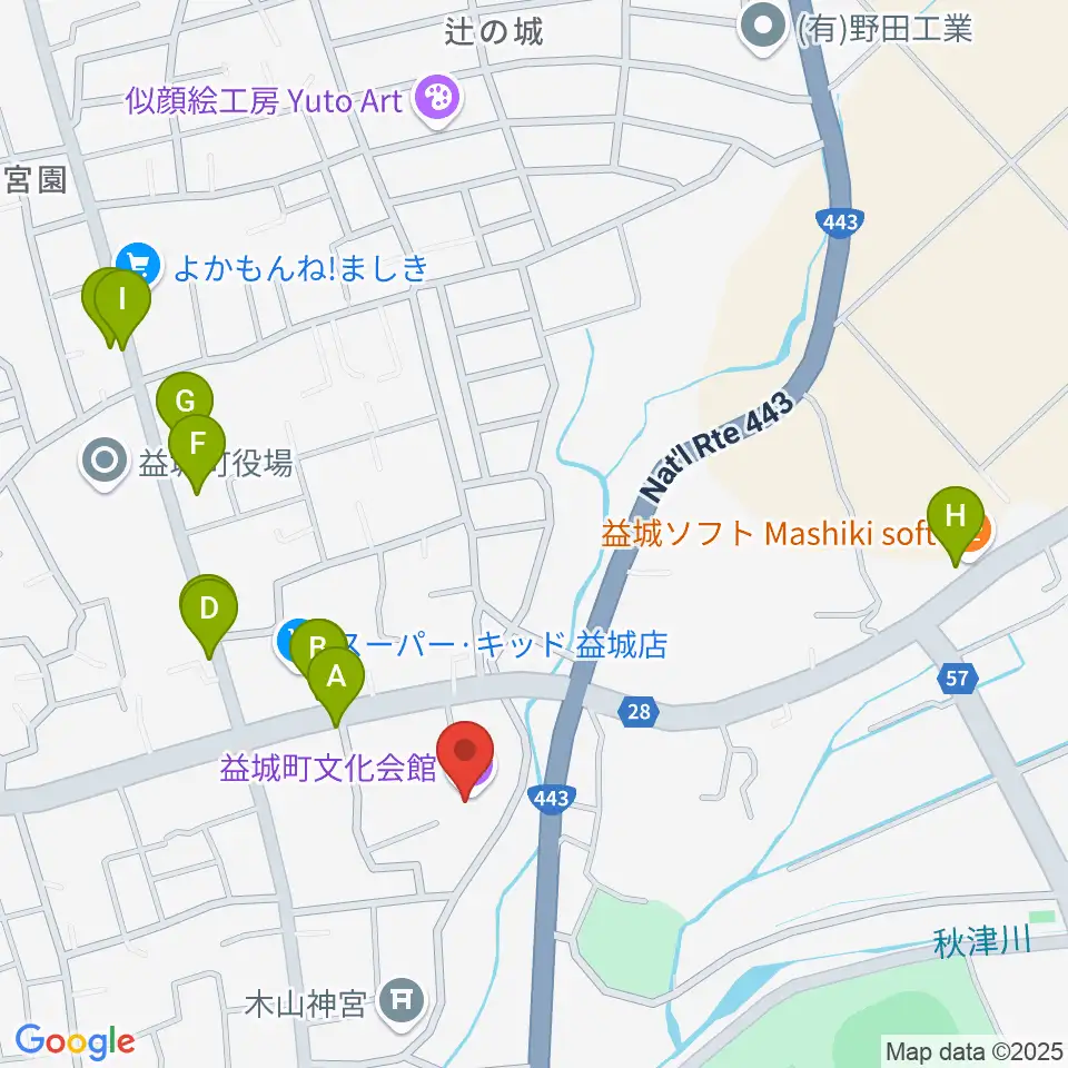 益城町文化会館周辺のファミレス・ファーストフード一覧地図