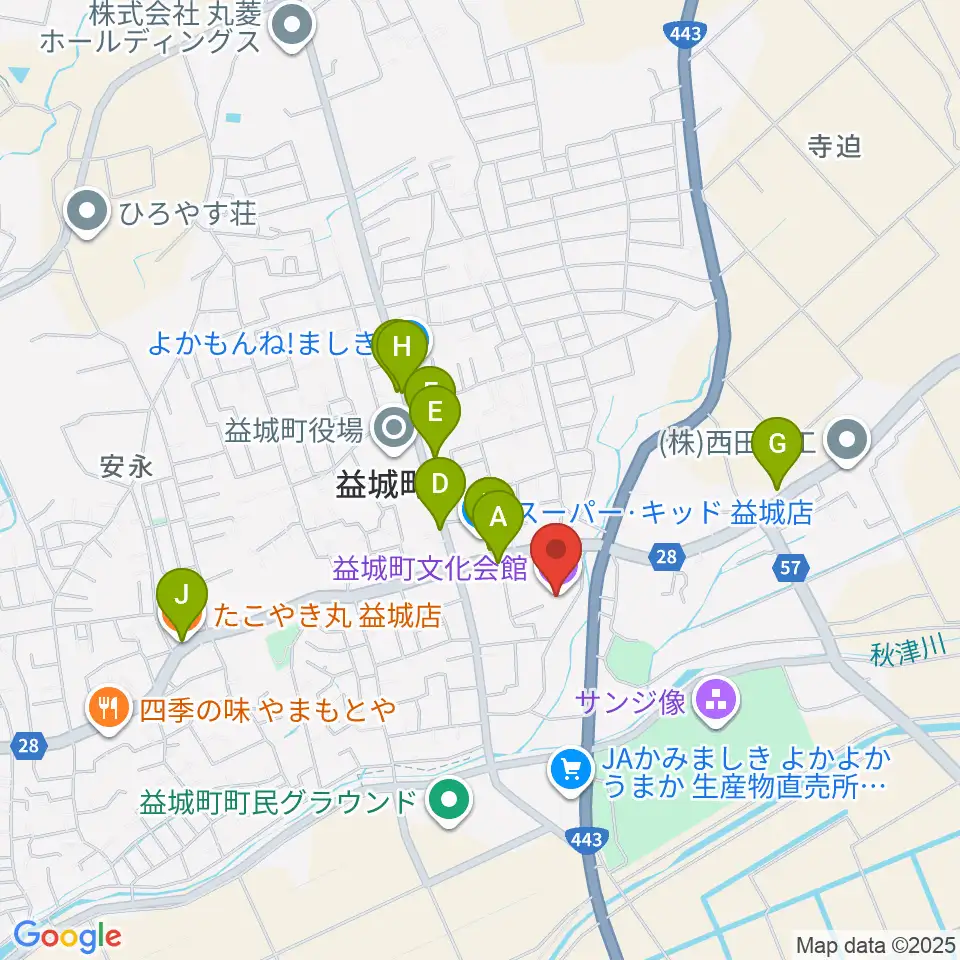 益城町文化会館周辺のファミレス・ファーストフード一覧地図