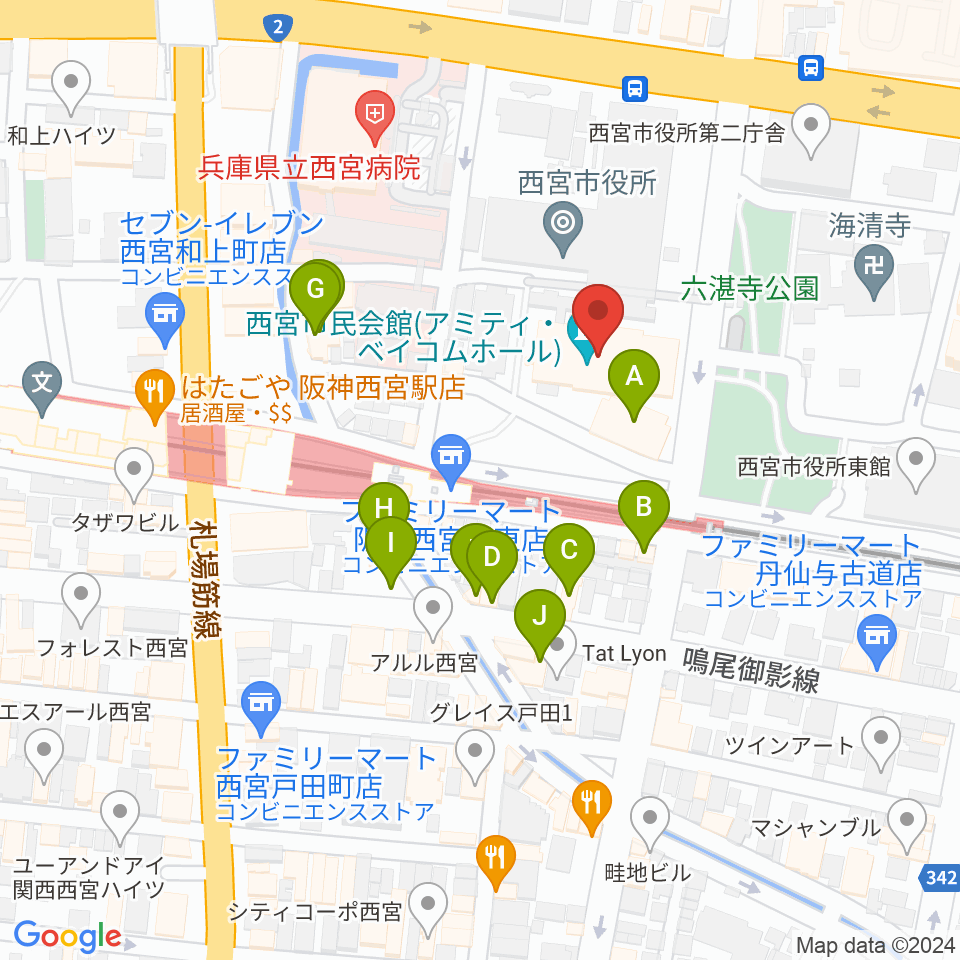 西宮市民会館アミティ・ベイコムホール周辺のファミレス・ファーストフード一覧地図
