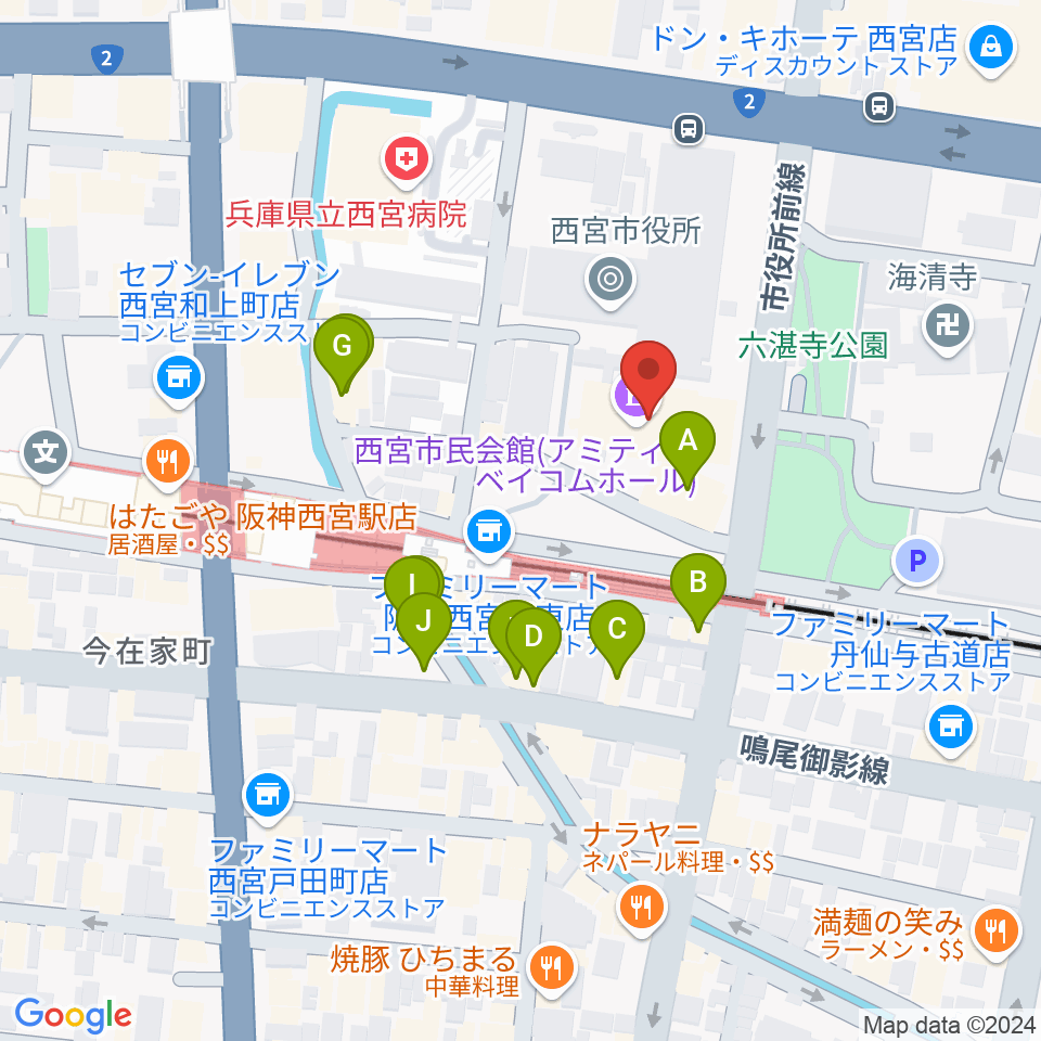 西宮市民会館アミティ・ベイコムホール周辺のファミレス・ファーストフード一覧地図