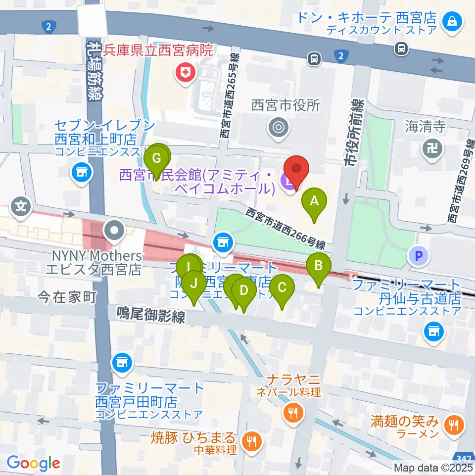 アミティ・ベイコムホール周辺のファミレス・ファーストフード一覧地図