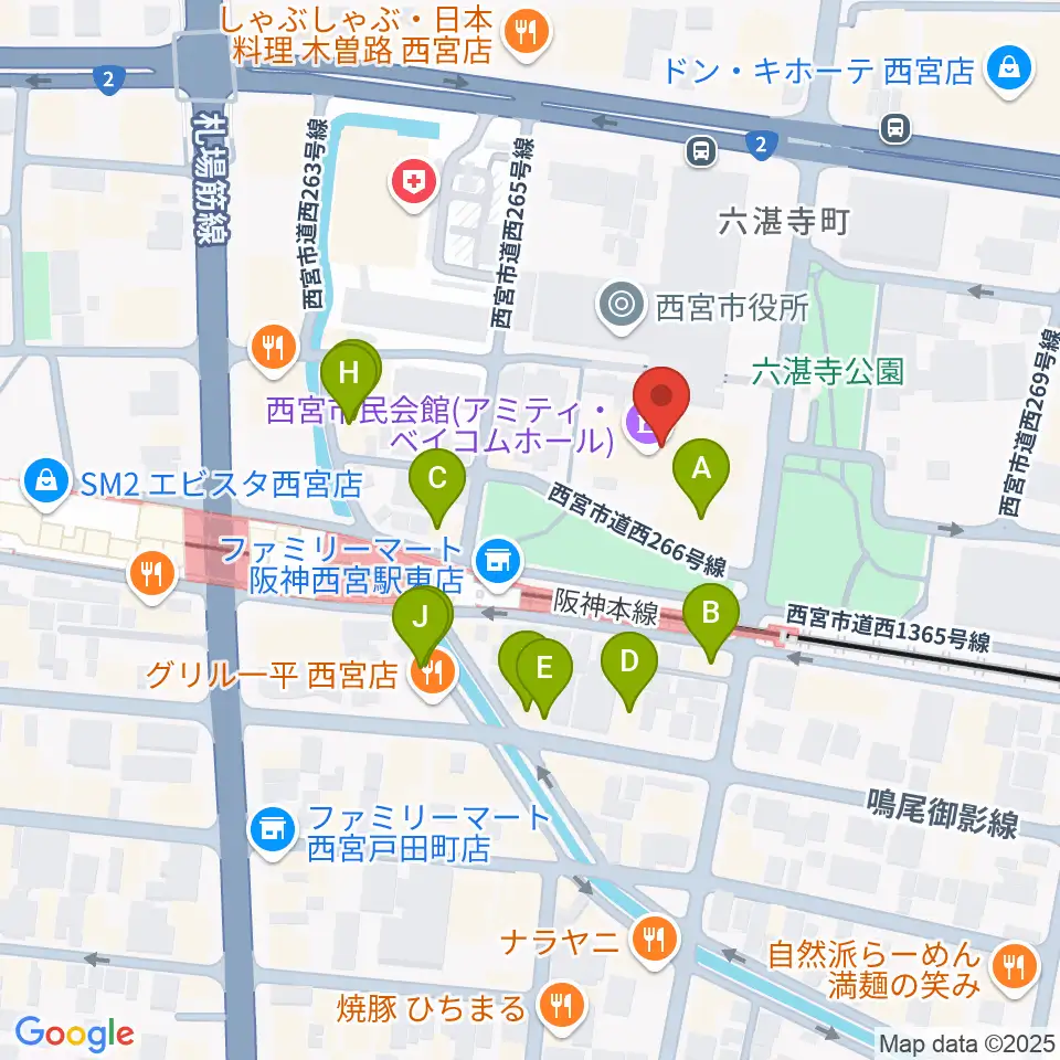 アミティ・ベイコムホール周辺のファミレス・ファーストフード一覧地図
