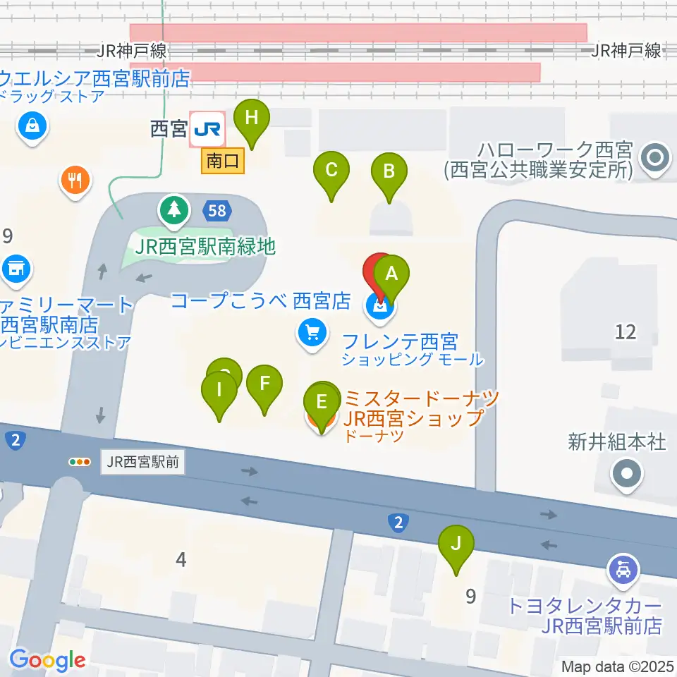 西宮市フレンテホール周辺のファミレス・ファーストフード一覧地図