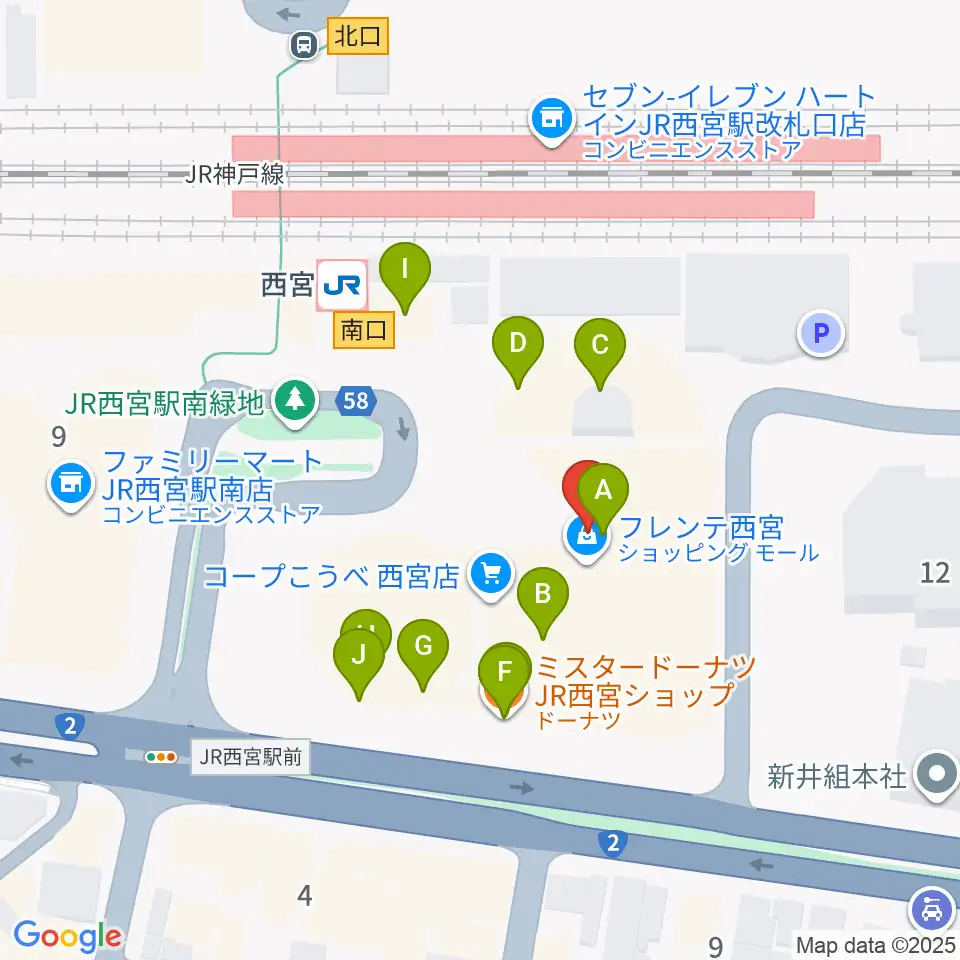 西宮市フレンテホール周辺のファミレス・ファーストフード一覧地図