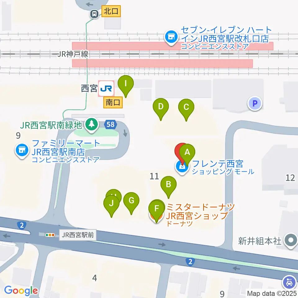 西宮市フレンテホール周辺のファミレス・ファーストフード一覧地図