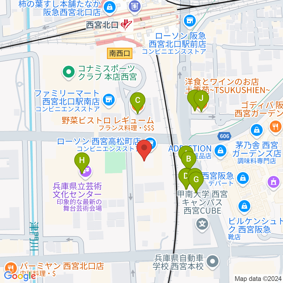 西宮市プレラホール周辺のファミレス・ファーストフード一覧地図