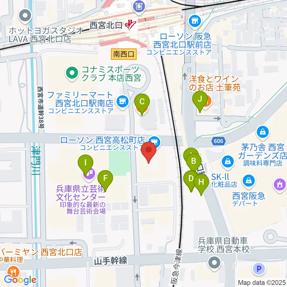 西宮市プレラホール周辺のファミレス・ファーストフード一覧地図