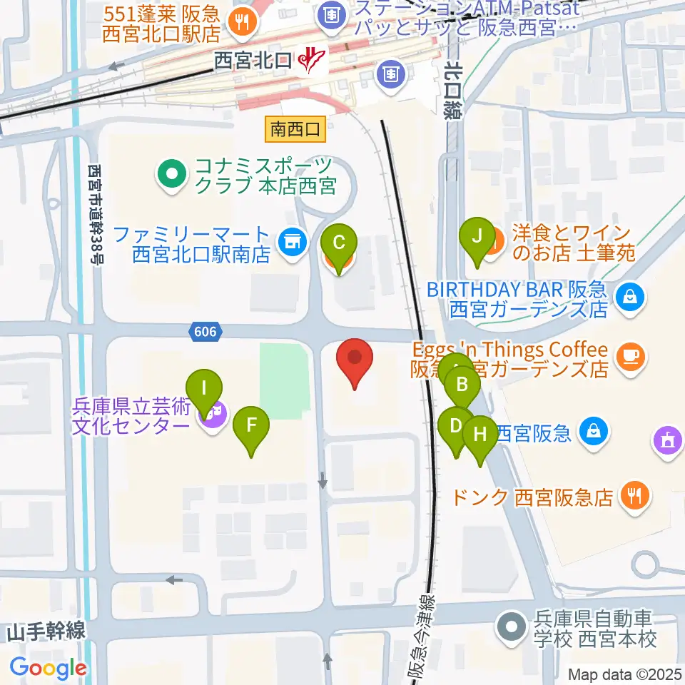 西宮市プレラホール周辺のファミレス・ファーストフード一覧地図