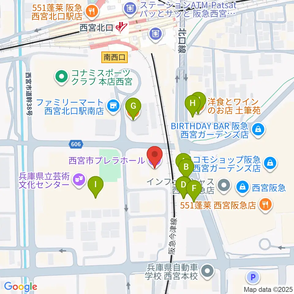 西宮市プレラホール周辺のファミレス・ファーストフード一覧地図