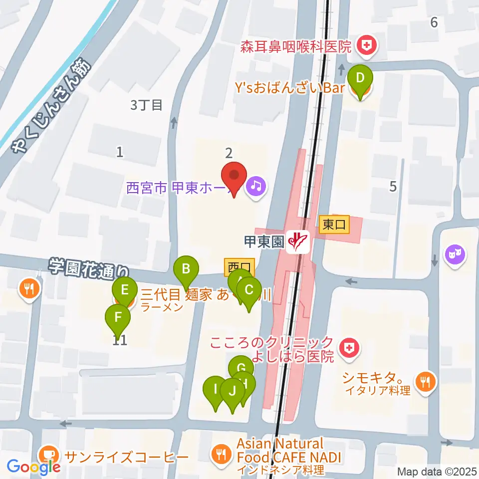 西宮市甲東ホール周辺のファミレス・ファーストフード一覧地図