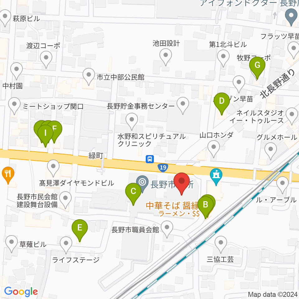 長野市芸術館周辺のファミレス・ファーストフード一覧地図