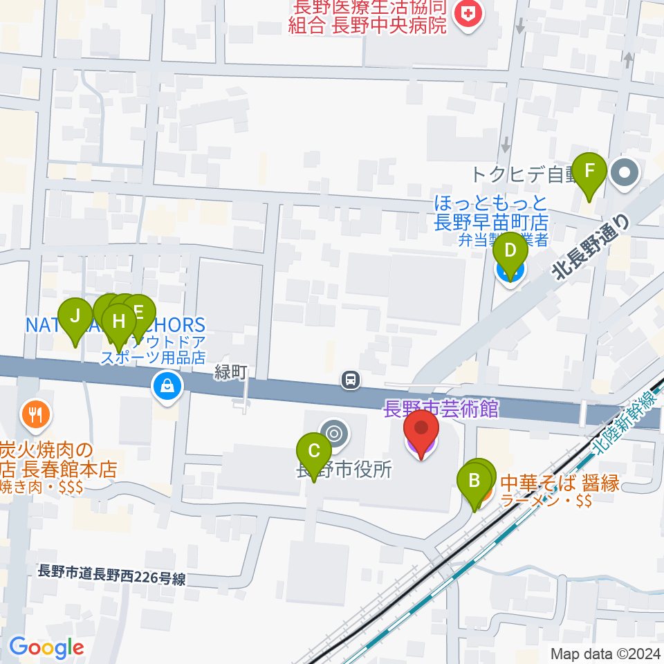 長野市芸術館周辺のファミレス・ファーストフード一覧地図