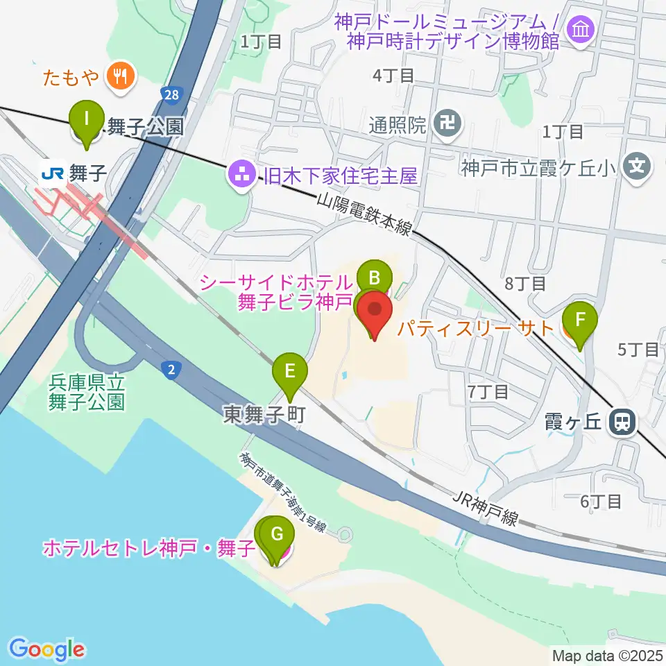 舞子ビラ神戸あじさいホール周辺のファミレス・ファーストフード一覧地図