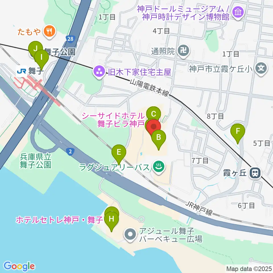 舞子ビラ神戸あじさいホール周辺のファミレス・ファーストフード一覧地図
