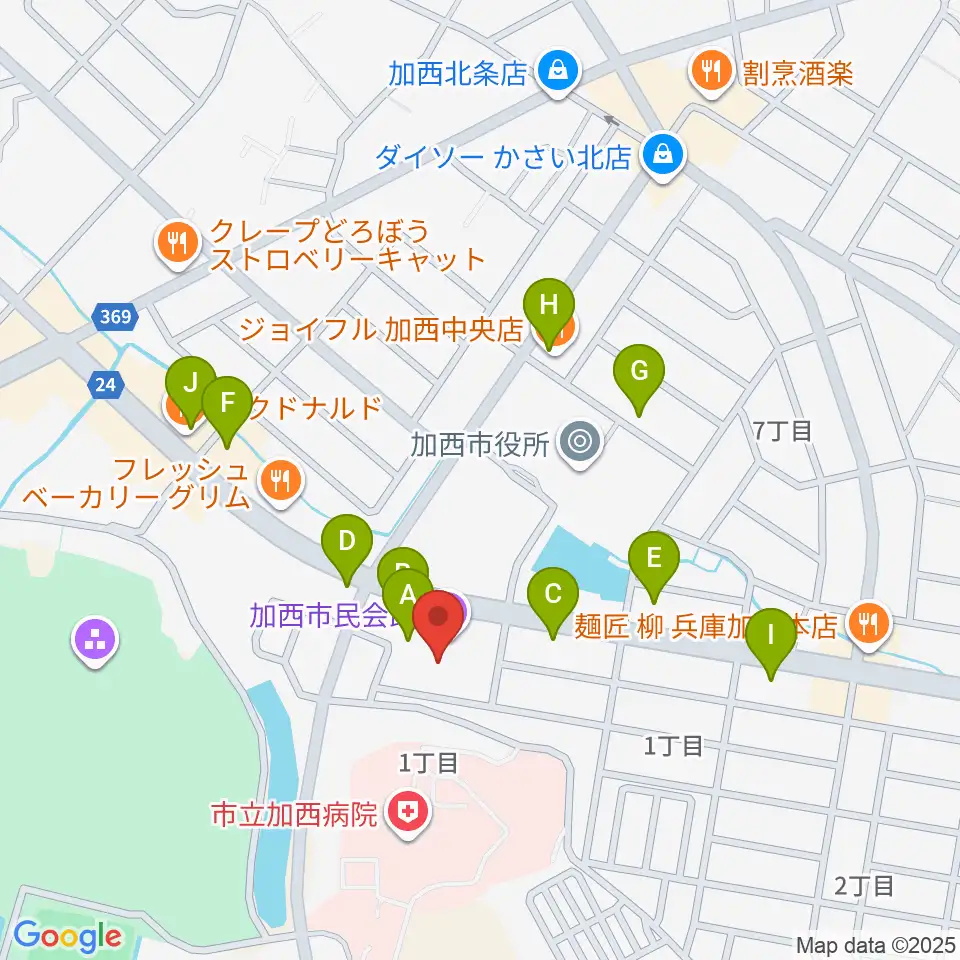 加西市民会館周辺のファミレス・ファーストフード一覧地図